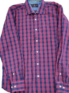 Robert Talbott Tailored Red Navy Plaid 100% Cotton Men's Shirt Large